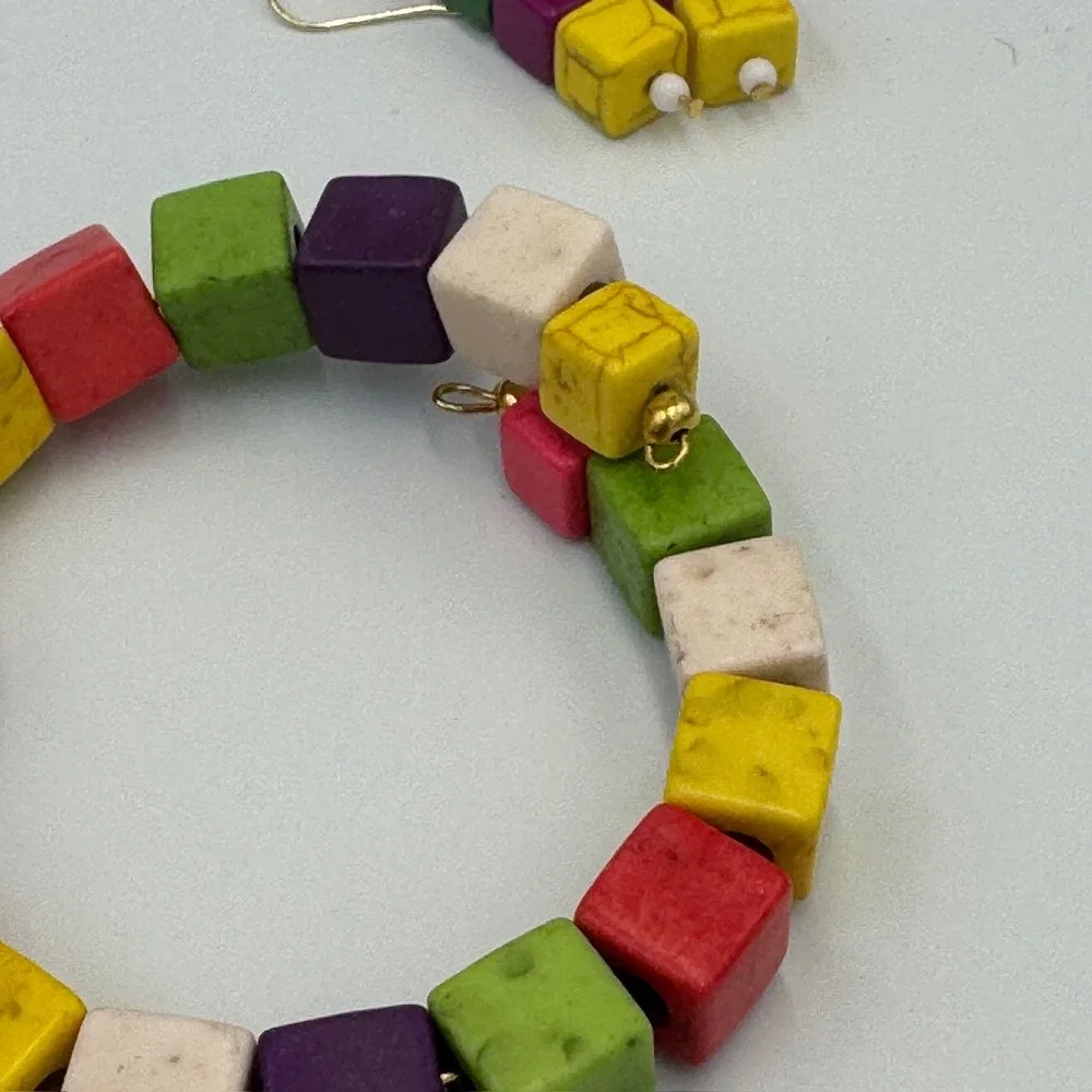 Multicolor Stone Cube Cross‎ Jewelry Set Necklace Bracelet Earrings Boho Rainbow
